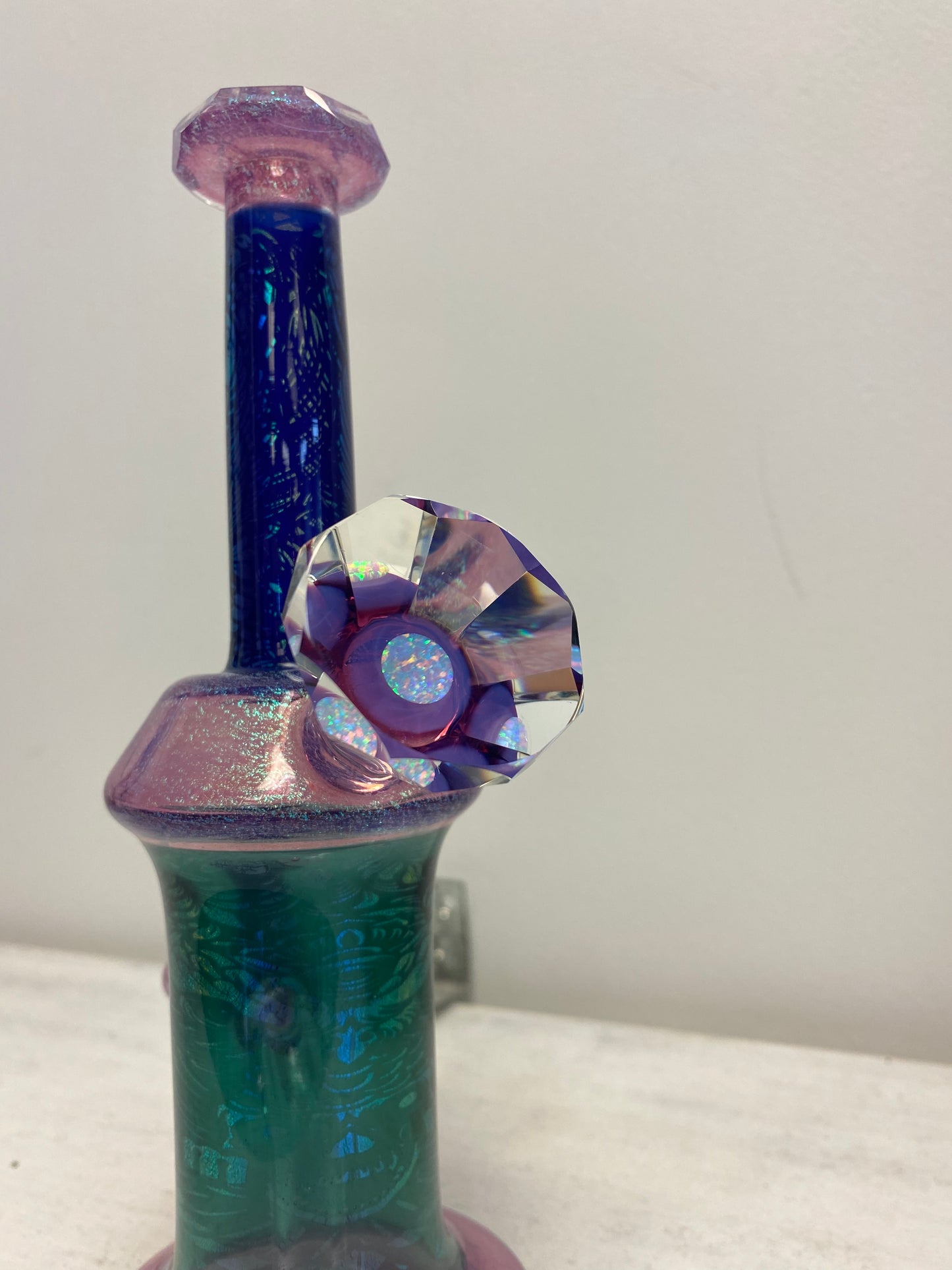 Etched Dichro dab rig/water pipe with facet and opal- SOLD