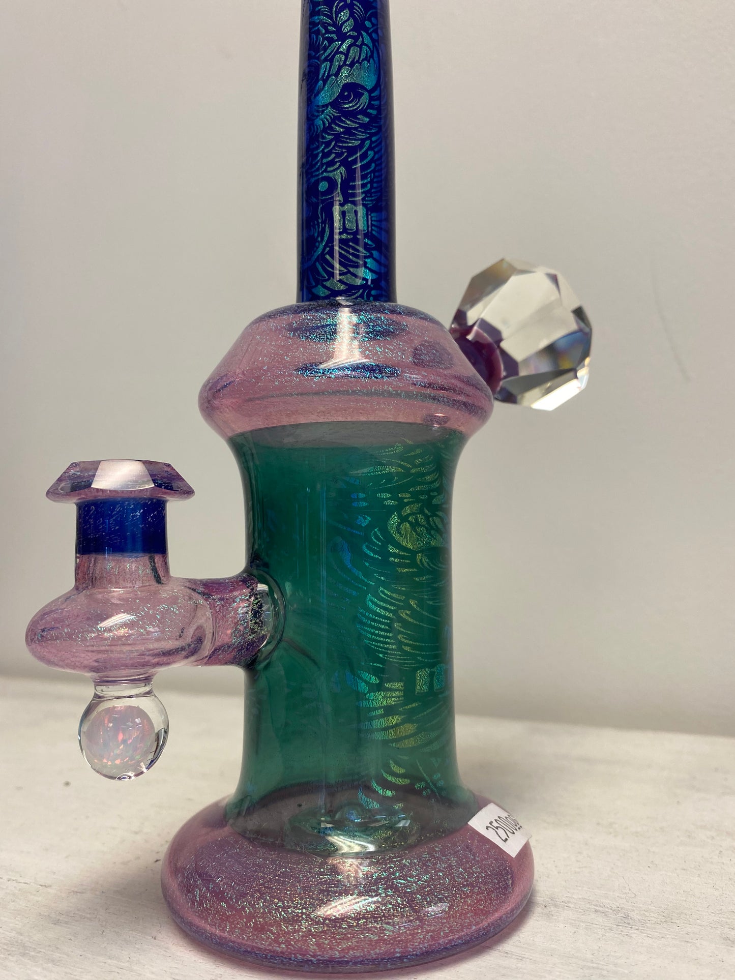 Etched Dichro dab rig/water pipe with facet and opal- SOLD